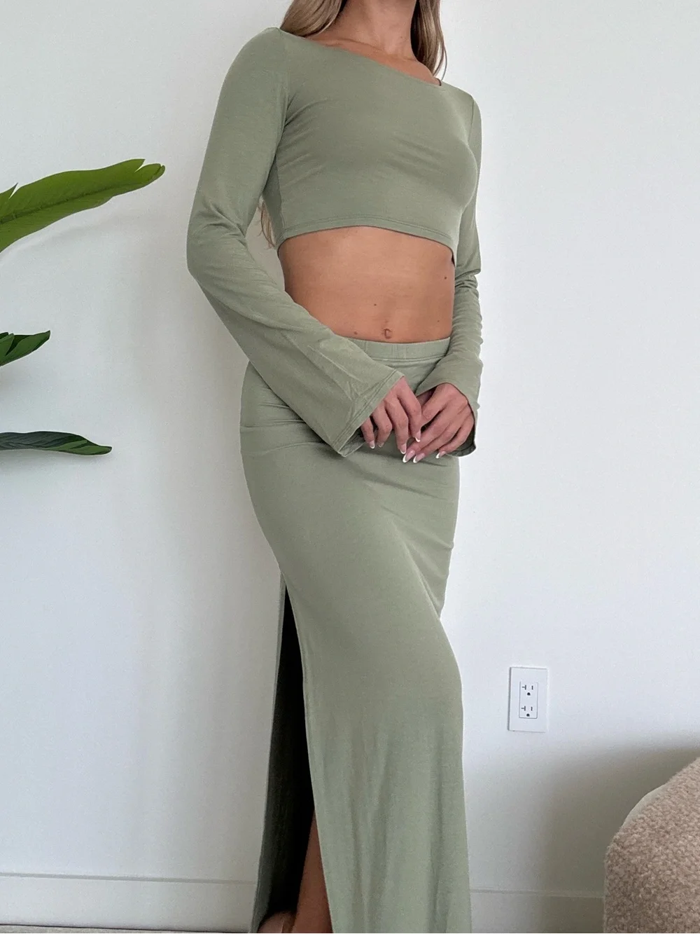 Reformation Olive Green Skirt & Top Set